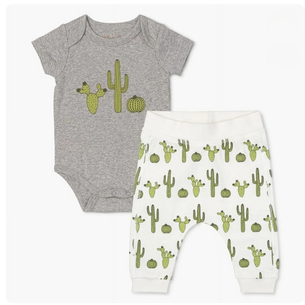 Monica + Andy Organic Cotton Gray and White Cactus Baby Outfit, 3-6 Months,  NWT